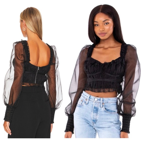 NEW LOVE & LEMONS Organza Puff Long Sleeve Ruffle Sweetheart Neck Crop Top XS - Picture 5 of 16